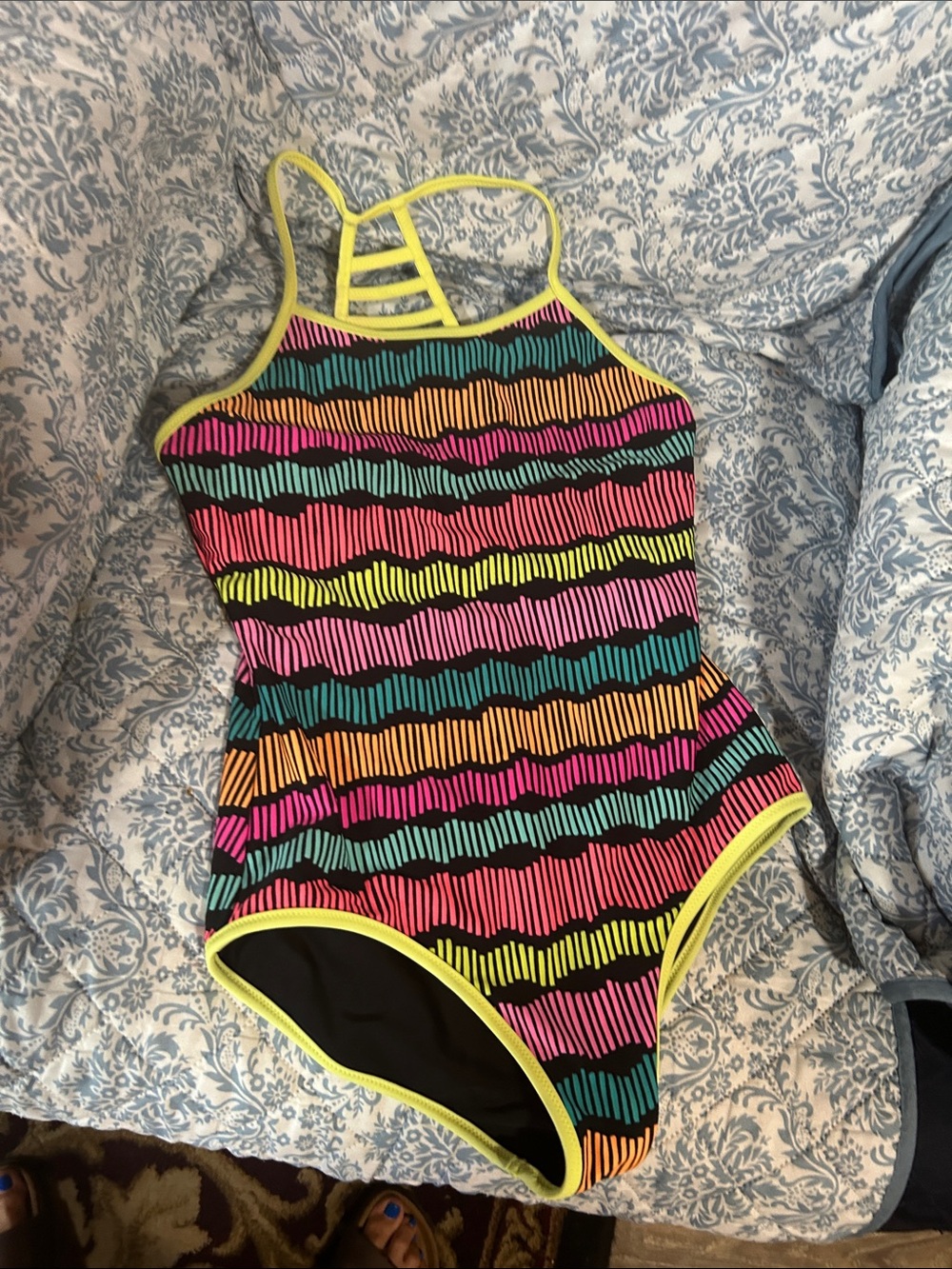 Kids Neon Stripe One-Piece Swimsuit - Yellow Trim